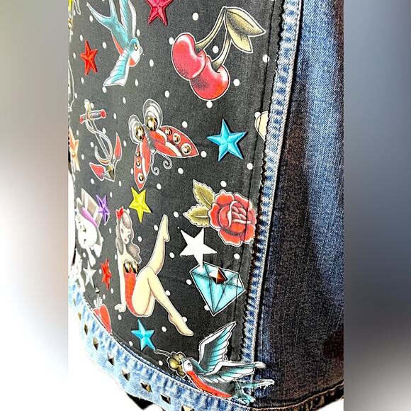 Women Reworked denim Jacket custom only 1 silver studs old school tattoo design - Picture 7 of 8